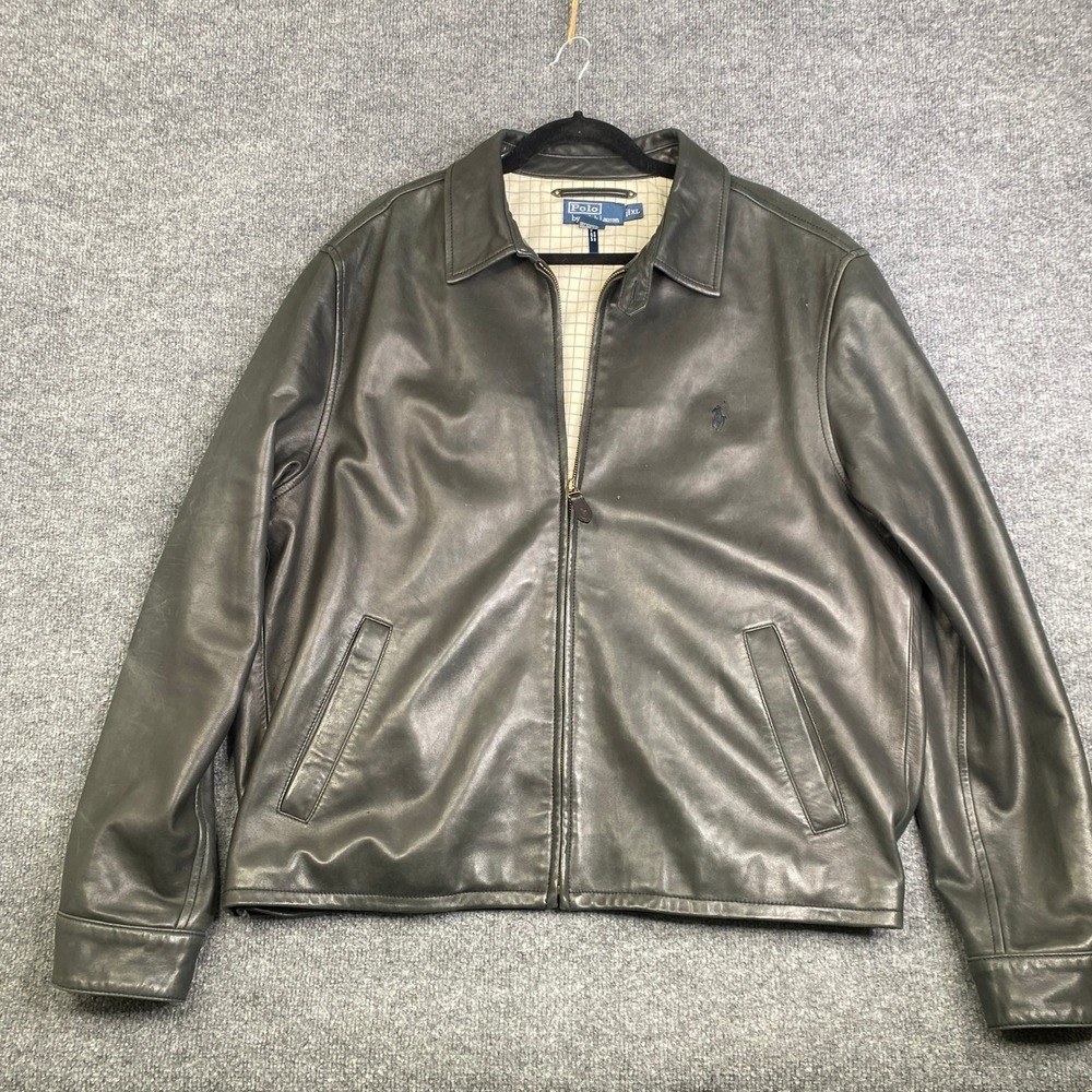 Polo Ralph Lauren Mens XL Leather Harrington Jacket Brown Full Zip Pony Logo